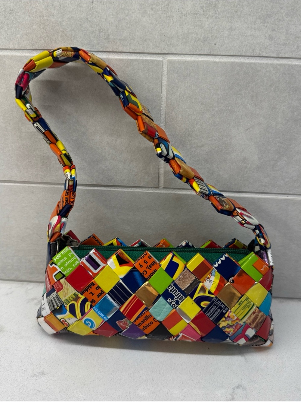 Handwoven Multicolor Recycled snack wrapper Patchwork mini bag